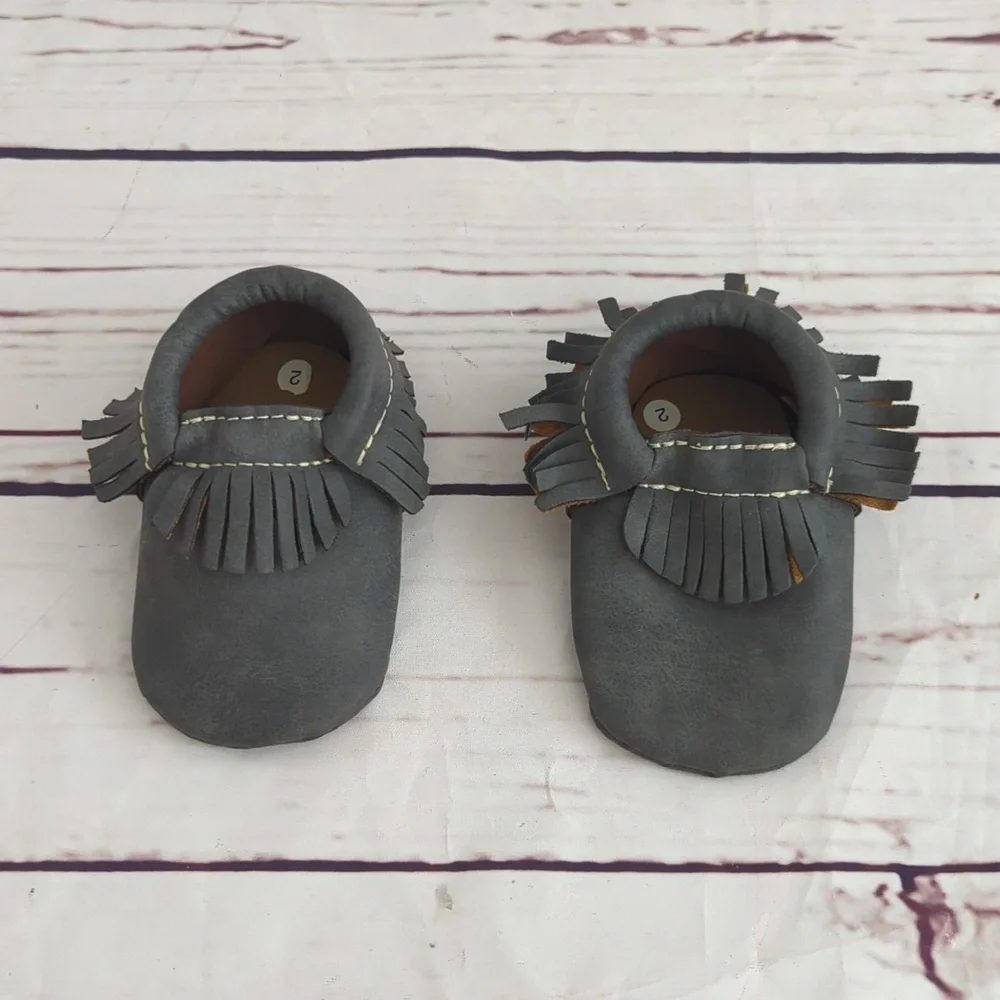 First Steps baby toddler shoes moccasins, two pairs gray & brown, size 2